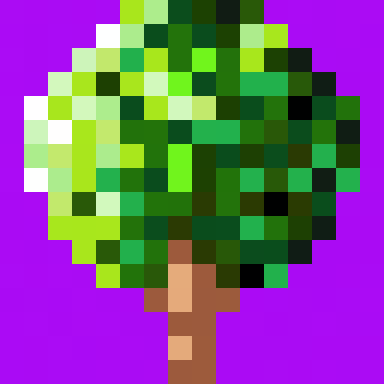 A pixelated green tree with a brown trunk on a purple background.